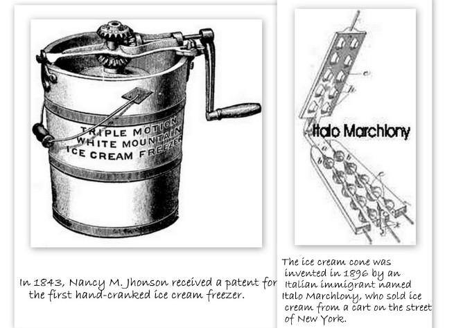 In 1843, Nancy M.Jhonson received a patent for the first hand-cranked ice cream freezer.